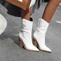 Bottes de cow-boy occidentales admistives pour femmes pointues de bottes courtes de cowgirl à mi-veau noir blanc blanc hiver femmes chaussures1