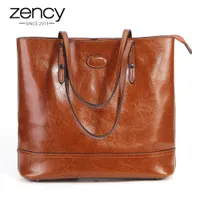 zency 100 % 정품 가죽 패션 브라운 여성 어깨 가방 대용량 쇼핑백 블랙 토트 핸드백 고품질 지갑