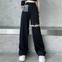 Houzhou Black Wide Leg Cargo Pants 여성 중공 out Streetwear Techwear 바지 탄성 허리 패치 워크 한국어 패션 여름 220120