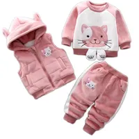 Baby Boys Girls Warm Set Winter Cartoon Cat Kids Tjockning Hooded Vest + Sweater + Pant Tre-Piece Sport Passar Barnkläder 220218