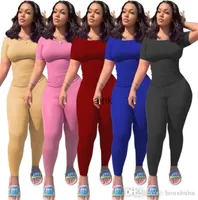 Kvinnliga spårningsdräkter Desinger Tvåverk Set Solid Casual Sexy Sports Suit Home T-Shirts Trousers Sticked Pink Outfits BodyCon Plus Size Women