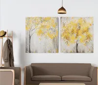 Gemälde HD Abstrakte Leinwand für Wohnzimmer Wandkunst Poster 2 Stück Retro Modern Gelb Blatt Baum Dekoration Bilder Modu