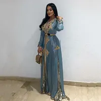 2020 brudny niebieski marokański kaftan koronki balowy formalne suknie wieczorowe v dekolt z długim rękawem muzułmańska sukienka na imprezę dubai specjalne okazje sukienki