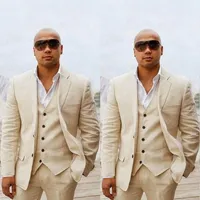 Formal Beige Linen Summer Beach Wedding Groom Tuxedo Slim Fit Men Suits Handsome Best Man Blazers Jacket+Pants+Vest Groomsmen