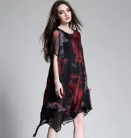 6166# New Summer Women European Fashion Style Dress Round Collar Short Sleeve Printing Irregular Loose Chiffon Casual Dress Coffee/Red XL XXL
