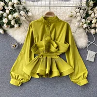 Women&#039;s Blouses Shirts Yellow/Black/White Draped Ruffle Blouse Vintage Stand Collar Puff Long Sleeve Single Breasted Slim Blusas Female Tops 2022