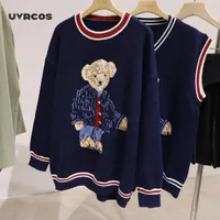 Camisolas das Mulheres Uvrcos Oversize Mulheres Outono Inverno Knitwear Pullovers Casual Coreano Meninas Bonito Urso de Teddy Jaquard Camisola V-Neck Knitt