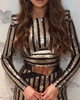 Party Costume Dress Sexy Tight Nightclub Ladies Black And Gold Long Sleeve Striped Sequin Formal
