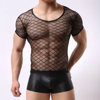 Undershirts Men's Diamond Mesh Short Sleeve Transparent Slim Casual Lattice Trend T-Shirt Shows Muscle Stage Club