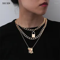 Shixin 3 pcs / conjunto cadeia robusta com bloqueio / tecla colar de pingente para mulheres / homens punk multi camada cadeado colar no pescoço jóias1