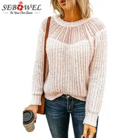 Seowkeel повседневная бежевый круглый шеи кружева вязаный свитер для женщин весна осень женское с длинным рукавом пуловер топы свитера