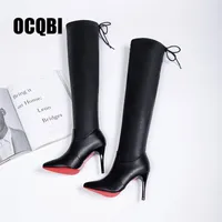 2019 frauen schuhe stiefel high heels rot boden über den knie stiefel leder mode schönheit damen lange bootie größe 35-39 lj201214
