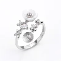 Pearl Ring Inställningar 925 Sterling Silver Fynd Blomma Vit Shell Zircon Pearls Mount DIY 5 stycken
