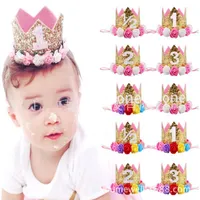 Kerstdecoraties Baby Girl First Birthday Decor Flower Party Cap Crown Headband 1 2 3 Jaar nummer Priness Style Hat Hair Accessoire1