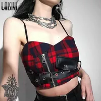 Laisiyi Sexy Relds Top Top Woman Gothic Red Plide Streetwear створок пояс на молнии панк девушка лето повседневная шикарный урожай коэффициенты Camis Y200701