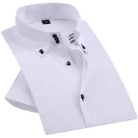 Летние умные повседневные алмазные кнопки мужская платье рубашка белый с коротким рукавом роскошный высокий воротник Slim Fit стильный бизнес блузка 201120