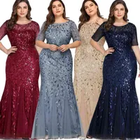 NXY Evening Dress Plus Size Sequin Mesh Mermaid Slim Beaded Leaves Pattern Formal Women Elegant Party Prom Gowns Short Sleeve 0128