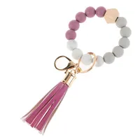 14 Colors Wooden Tassel Bead String Bracelet Keychain Food Grade Silicone Beads Bracelets Women Girl Key Ring Wrist Strap