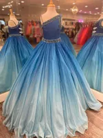 Ombre Blue Girl Pageant Dresses 2022 Kryształy Frezowanie Dress Baldgown Małe Dzieci Urodziny Bez Rękawów Jednoczęściowe Formalne Party Nosić Suknie Niemowląt Toddler Teens
