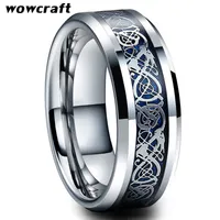 Unisex Tungsten Carbide ring Blue Dragon Carbon Fiber Inlay Beveled Edges Mirror Polished Dragon Tungsten Ring as an Gift 211230