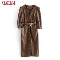 Tangada осень зима женские коричневые искусственные кожаные платья с леопардовым поясом с длинным рукавом дамы MIDI платье Vestidos 3H728 201028