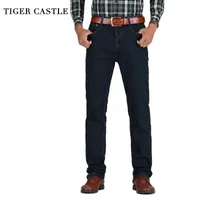 Tiger Castelo Mens Alto Cintura Algodão Espesso Calças de brim clássico preto preto macho jeans calças primavera outono homens macacões y200115
