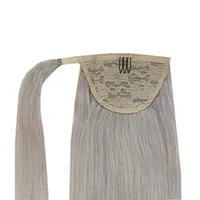 Äldre kvinna lång Straight Ponytail, Silver Grå Human Hair Ponytail Haipiece Drawstring med Clip Ins Weave Flätad hästsvans