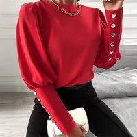 Women's Blouses & Shirts Elegant Casual Shirt Spring Autumn Fashion Women Blouse Solid Color Lantern Sleeve Button O-Neck Office Lady