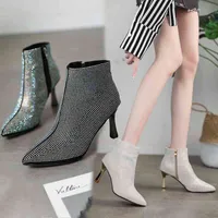 Sexy night water diamond thin short 2022 autumn and winter new pointed Martin high heel boots women