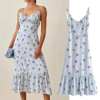Casual jurken Jennydave Long Dress Summer Women Ins Fashion Blogger Vintage Plaid Floral Printing Spaghetti Strapless Sexy Vneck Vesti