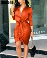 Women Dress Sexy Solid Color Lace-up Long Sleeve Ruched Shirt Dress Vestido
