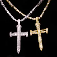 Ny Mode Cool Mens Hip Hop Halsband Guldpläterad Bling CZ Nail Cross Pendant Halsband Fashion Rapper Accessorie
