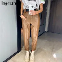 Beyouare خمر بو فو جلد النساء السراويل عالية الخصر جيوب كبيرة السراويل واسعة مستقيم السراويل 2020 الخريف سيدة سيدة السراويل