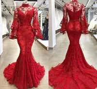 Скромные длинные рукава высокие шеи кружева красные вечерние платья выпускного вечера Русалка из бисера блестки с бисером с блестками