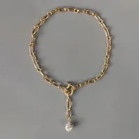 Панк медного покрытия золото-цвет цепи ожерелье мода натуральный жемчужный кулон ювелирные изделия ручной работы блестящий карабин украшения Y1220