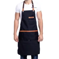 2020 Nuevo Algodón de lienzo Cocina Unisex Cocina Delantal para mujer Hombres Chef Cuero de cuero Cafe Tienda BBQ Peluquería Uniforme BIB F1214