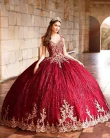 Luxury Burgundy Sequined Ball Gown Quinceanera Dresses 2022 Gold Lace Appliques Beaded Open Back Sweet 16 Dress Prom Pageant Gowns Glitter Vestidos De 15 Años