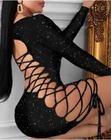 Abiti casual Sexy Colore nero Scava fuori Backless Bandage Dress Donne Sequin Mini BodyCon Manica Lunga Party Club Signore