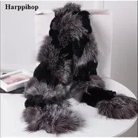 Harppihop Gümüş Fox Kürk Siyah Renk Yeni Fox Kürk C / W Rex Tavşan Kürk Eşarp Wrap Cape Şal En Iyi Noel Hediyesi Doğum Günü Hediyesi LJ201221