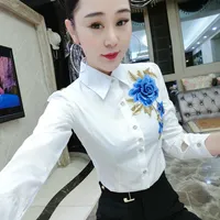 Women's Blouses & Shirts 2022 Spring Autumn Women Temperament Floral Embroidery Slim Office Ladies Fashion Turn Down Collar Button M57