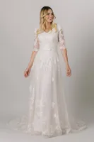2021シャンパン控えめなウェディングドレスハーフスリーブVネックボタンバックレースLDSブライダルガウンカントリー宗教花嫁のドレス