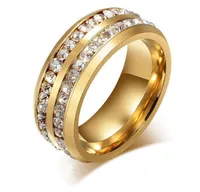 Glänzend 316L Titan Ring Gold Silber Überzogene Edelstahl Doppelreihe Tschechische Kristallringe für Männer Frauen Hochzeit Schmuck Größe6-13 Großhandel