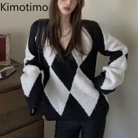 Kimotimo V Neck Sweater Women 2020 Autumn Pullovers Argyle England Style Korean Tops Elegant Casual Harajuku Casual Sweater