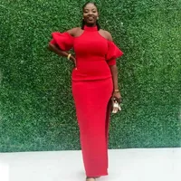 Nigeria African Red Mermaid Evening Dresses 2021 Halter Off Shoulder Slit Long Prom Gowns Robe de Soirée Anpassa