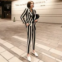 Women blazer set korean black white striped double breasted formal business Pants suits office lady work wear clothing jn1271