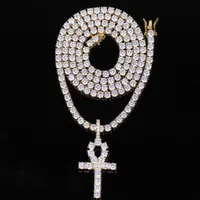 Hip Hop Iced Zircon Ankh Cross Pendant con collana a catena da tennis da 4 mm Set micro Pavimentazione cz pietre gioielli da uomo
