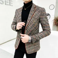 British Style Plaid Blazer for Men Suit Jacket Casual Woolen Wedding Dress Coat Single Business Male Button Veste Costume Homme LJ201103