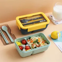 Pieruodis tragbare Plastik-Lunchbox mit Löffel japanischen Stil Fach Bento-Box Küche Mikrowelle dicht der Nahrungsmittelbehälter 201123