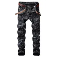 Мужские джинсы 2021 мужские тонкие подходящие брюки мода черный печатный растягивающийся карандаш джинсовой