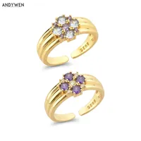 Andywen 925 Ayar Gümüş Altın Çiçek Zirkon Mor Mavi Çakmak Yüzük Boyutlandırılabilir Kadınlar Güzel Takı Düğün Hediyesi 220209
